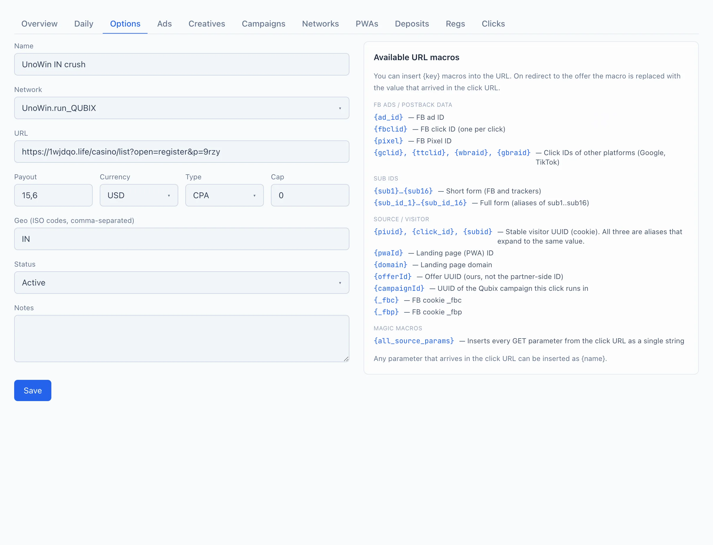 New offer card, the «Options» tab