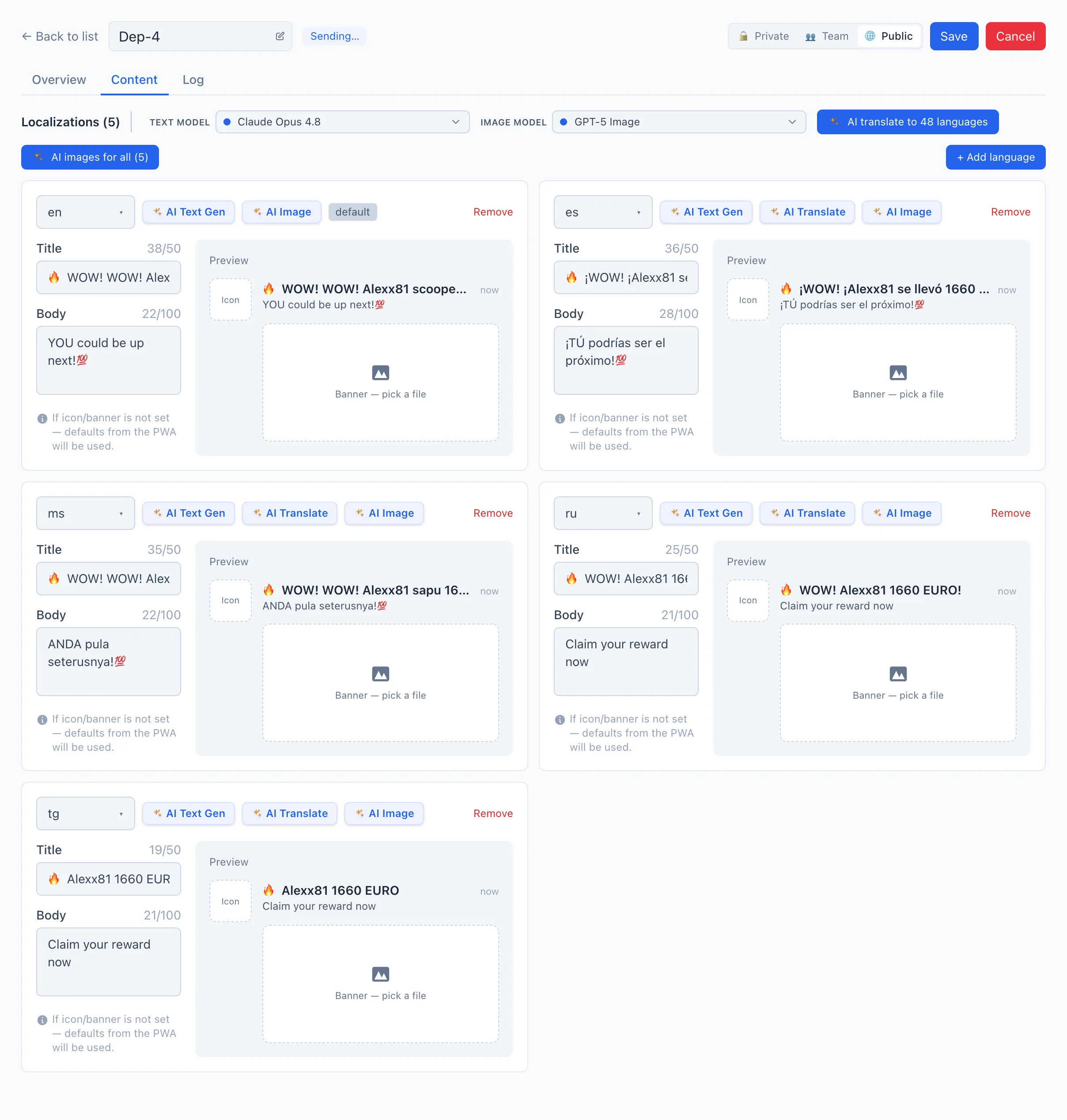 «Content» tab — language cards and the model bar on top