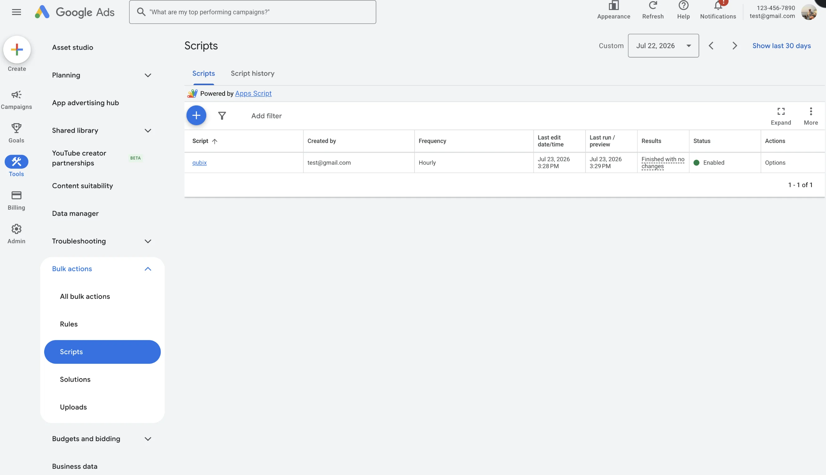 The Scripts list with the qubix script scheduled Hourly and enabled The Scripts list with the qubix script scheduled Hourly and enabled