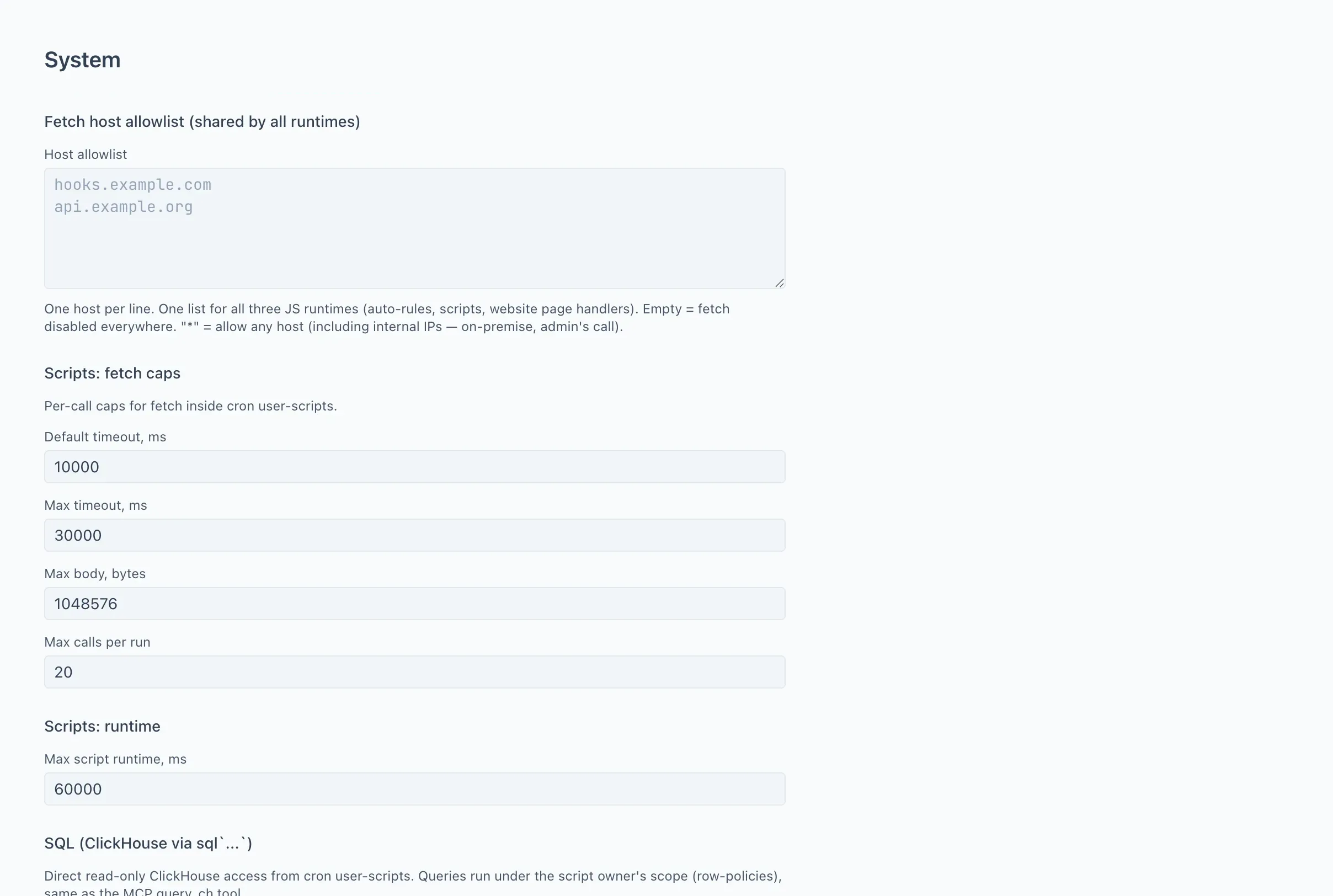 The JavaScript tab with the Fetch, Runtime and SQL blocks The JavaScript tab with the Fetch, Runtime and SQL blocks