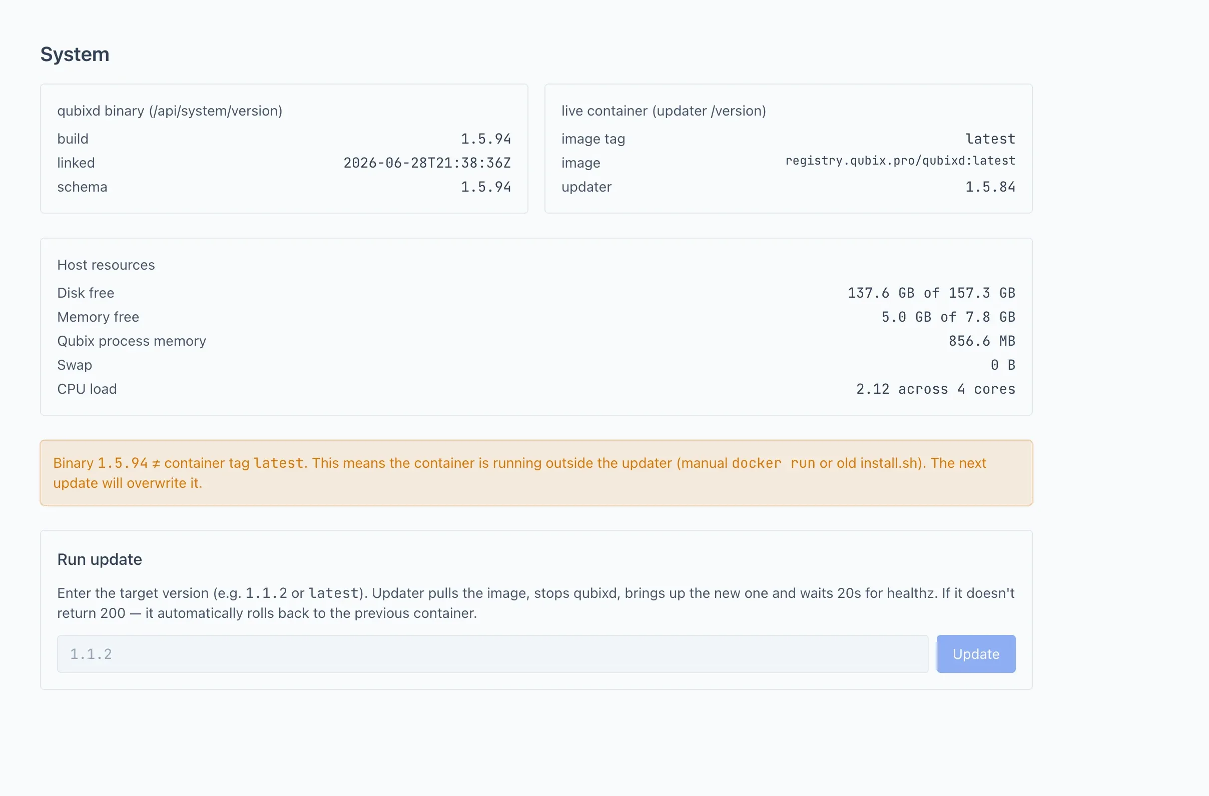 The version field and the Update button The version field and the Update button