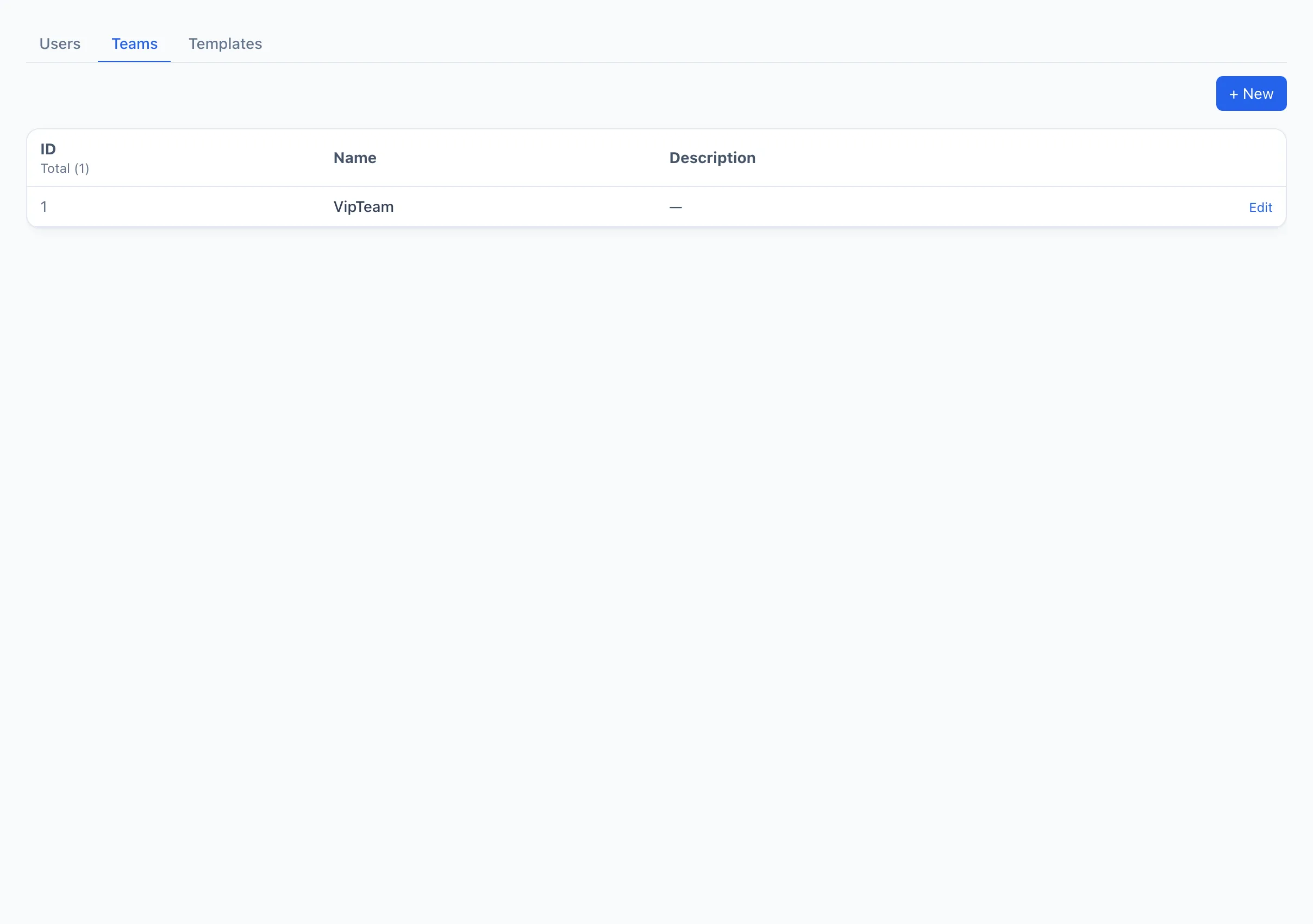 Teams list with ID, Name and Description columns