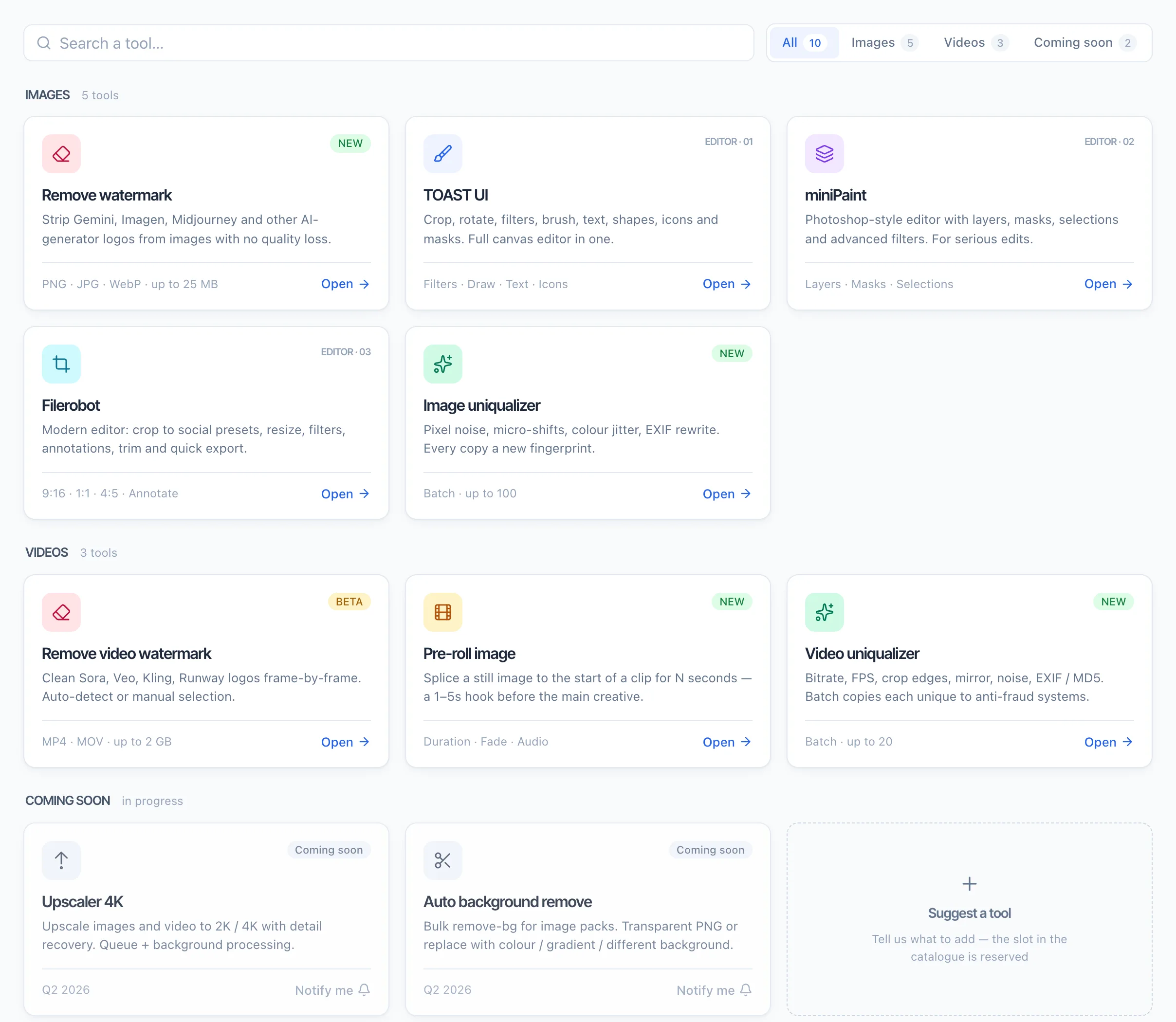 Tools screen with search, filters and tool cards by category