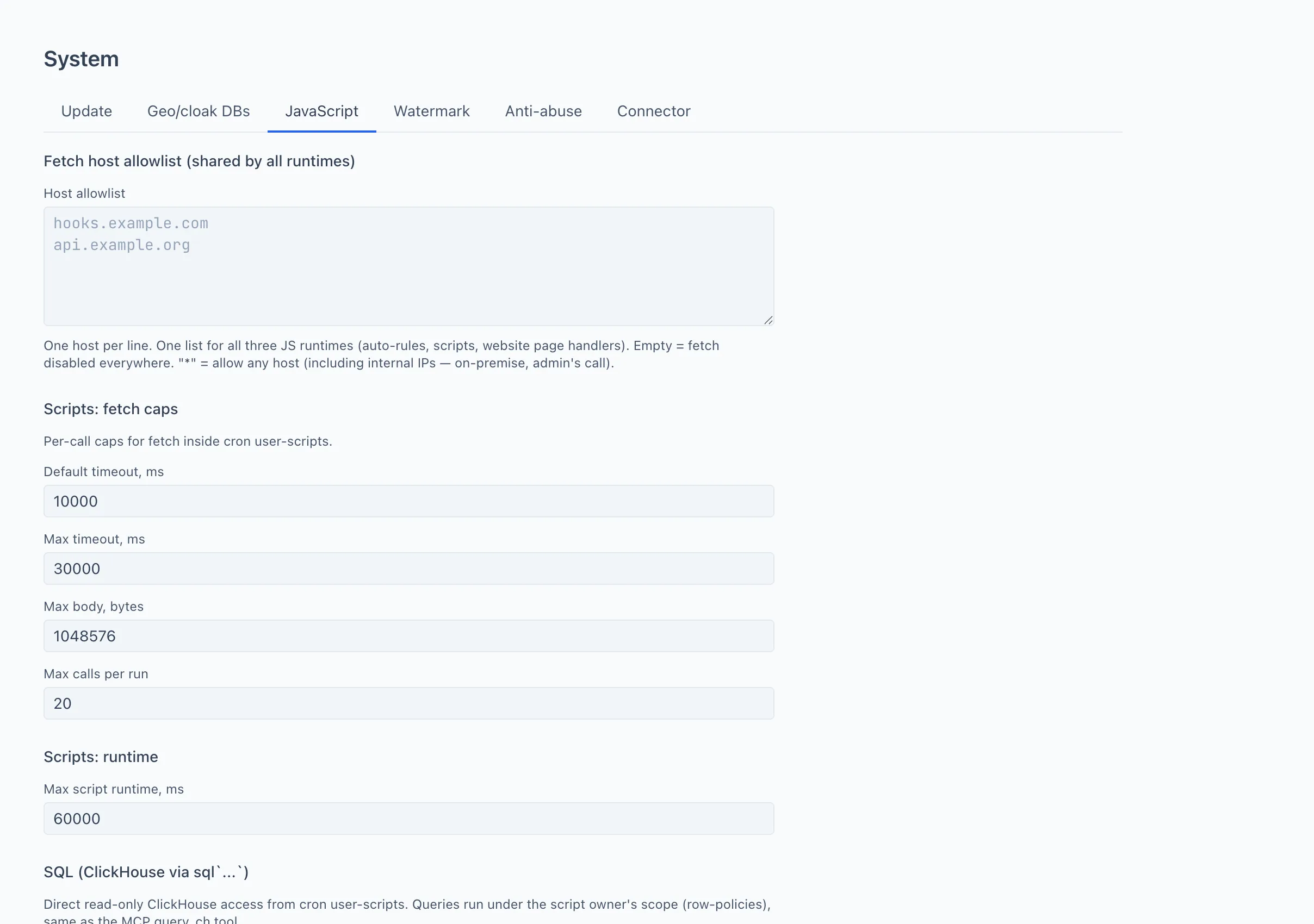 The JavaScript tab with the Fetch, Runtime and SQL blocks The JavaScript tab with the Fetch, Runtime and SQL blocks