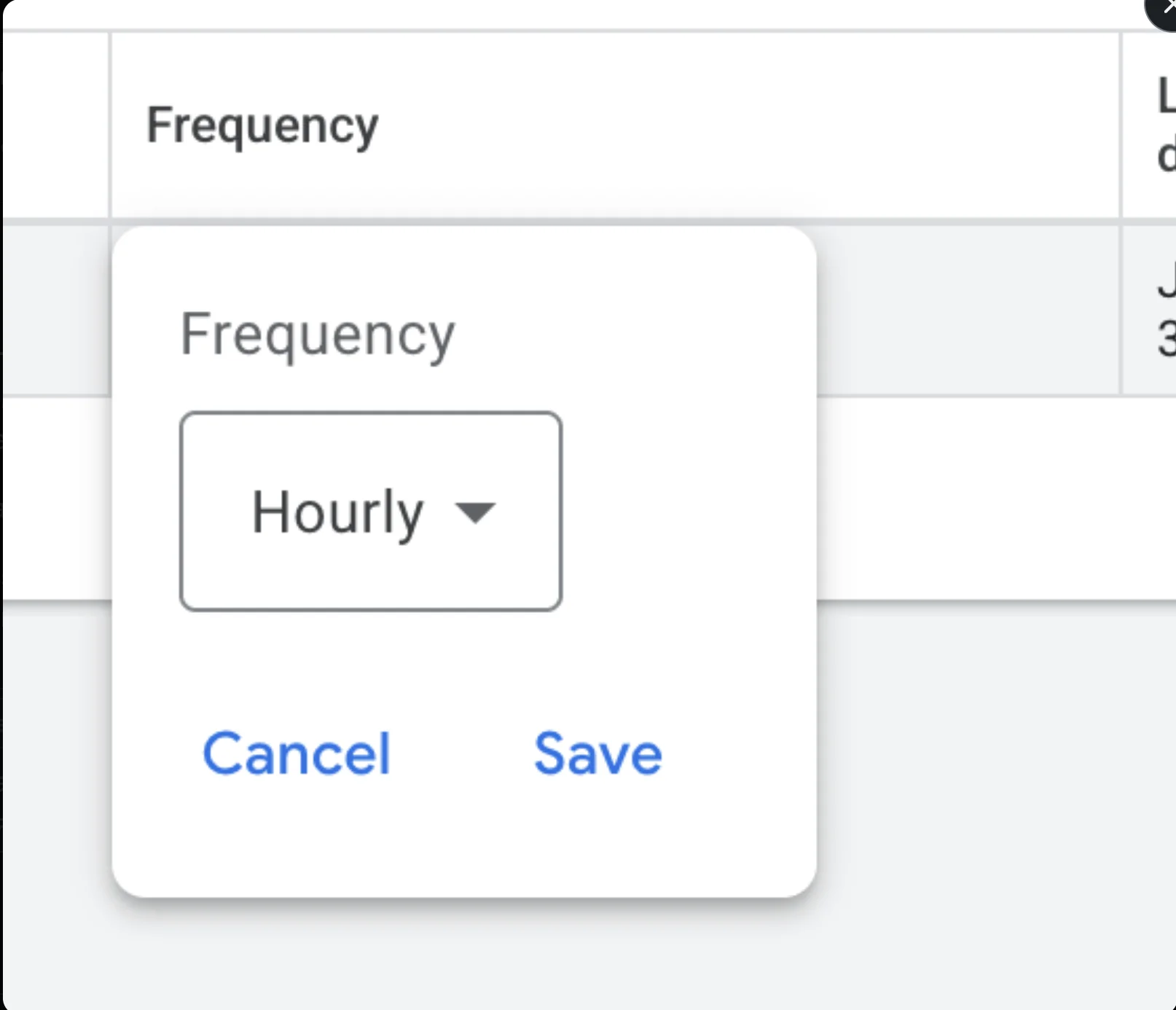 The Frequency dialog set to Hourly The Frequency dialog set to Hourly