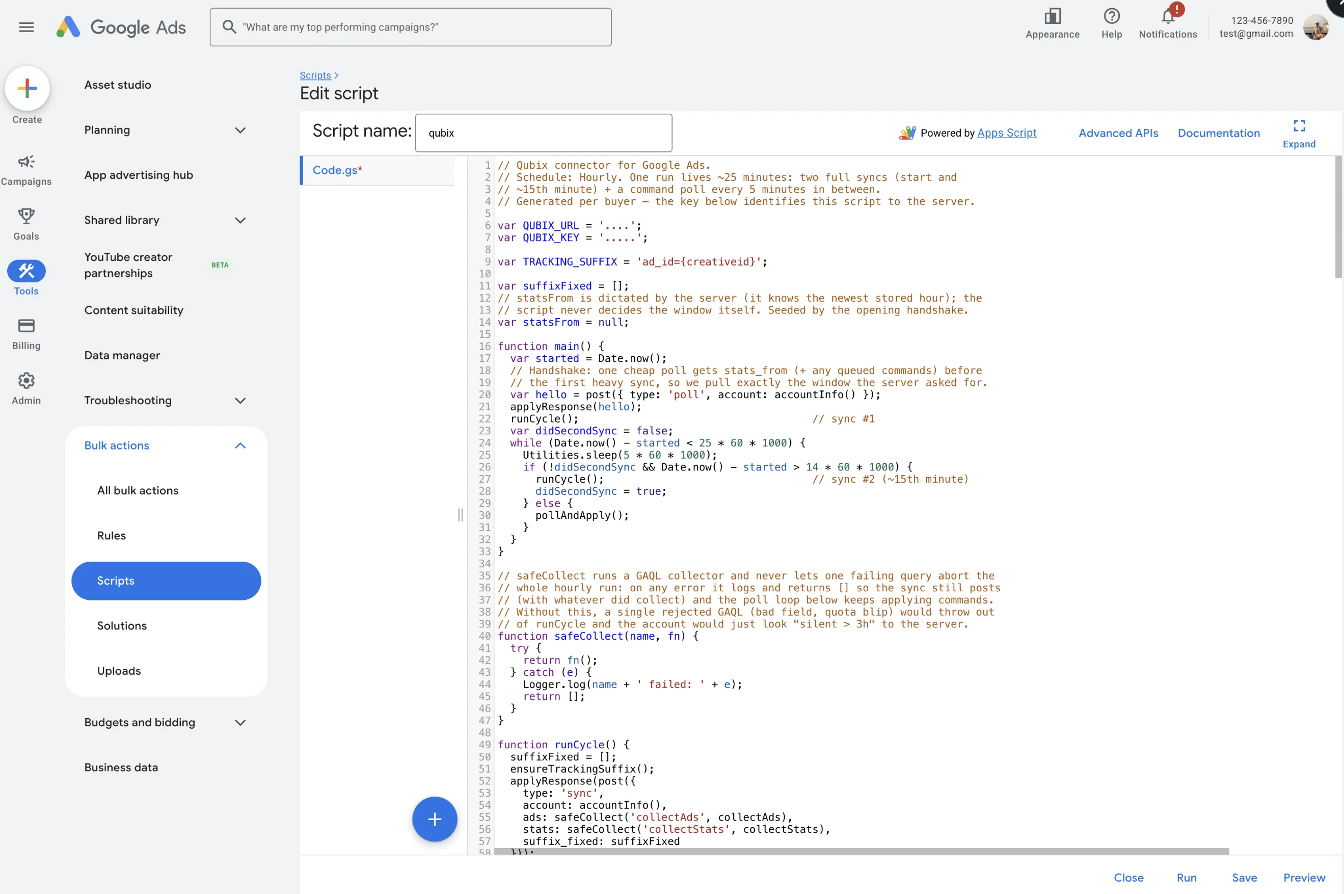 The Qubix connector pasted into the Google Ads script editor The Qubix connector pasted into the Google Ads script editor